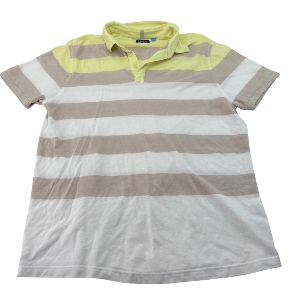 MADE Cam Newton Mens XL Polo Shirt Yellow Tan White Striped Pique Short Sleeve
